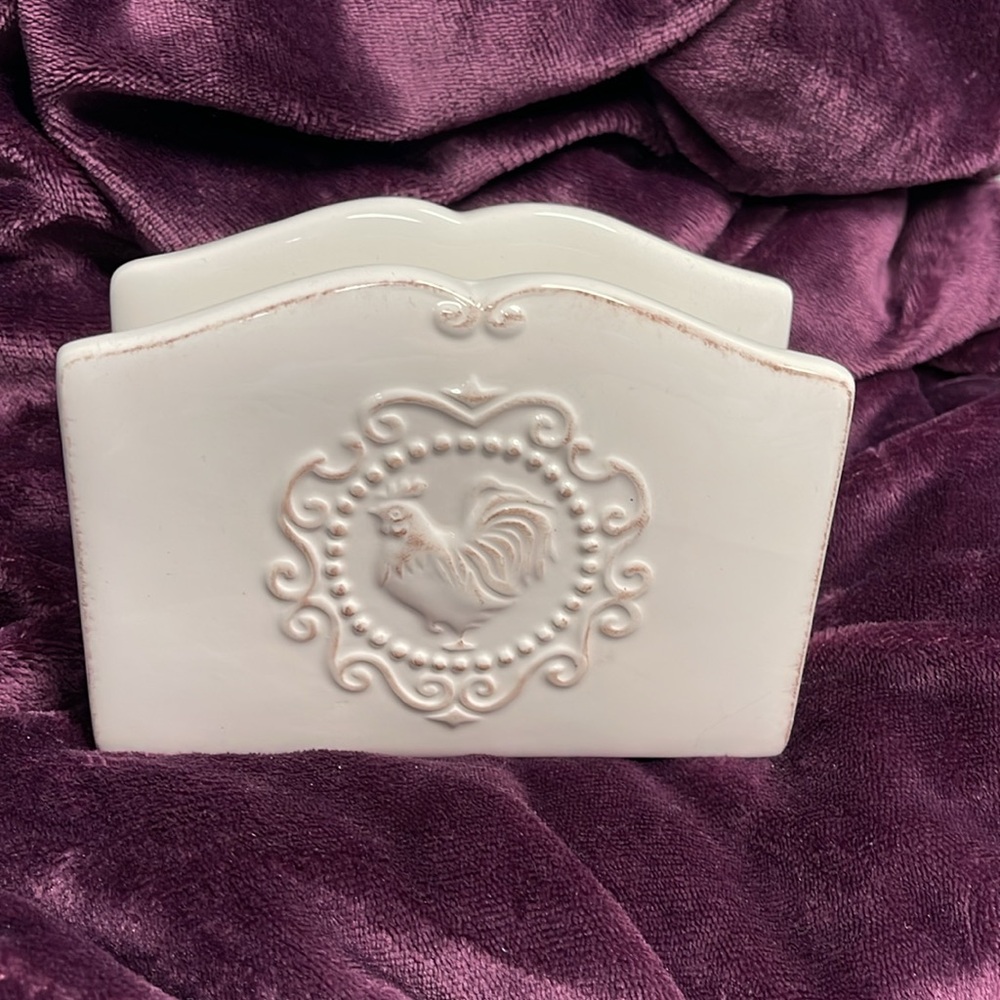 CERAMIC IVORY ANTIQUE ROOSTER NAPKIN HOLDER BY JAY IMPORTS